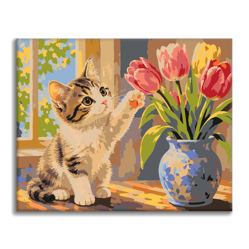 Gatito y tulipanes – Pintura por números