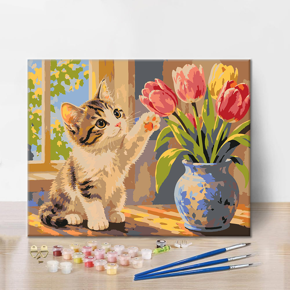 Gatito y tulipanes – Pintura por números