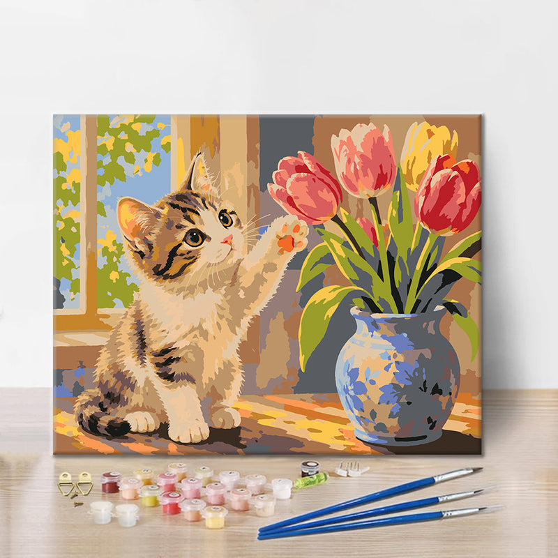 Gatito y tulipanes – Pintura por números