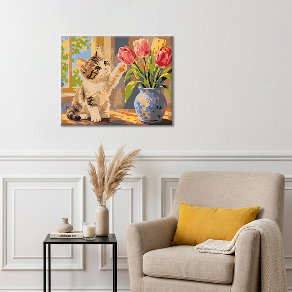Gatito y tulipanes – Pintura por números