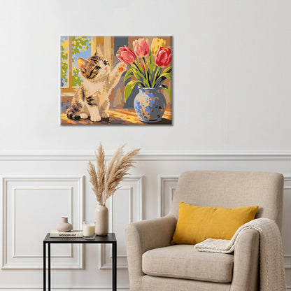 Gatito y tulipanes – Pintura por números