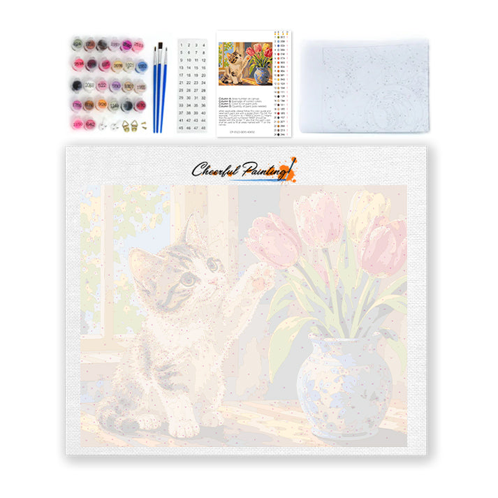 Gatito y tulipanes – Pintura por números