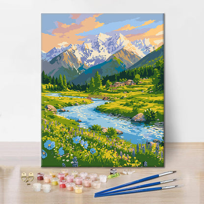 Arroyo de montaña florecido – Pintura por números