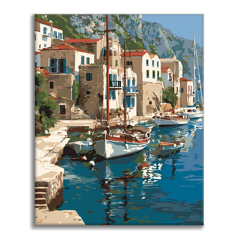 Veleros en un puerto costero – Pintura por números