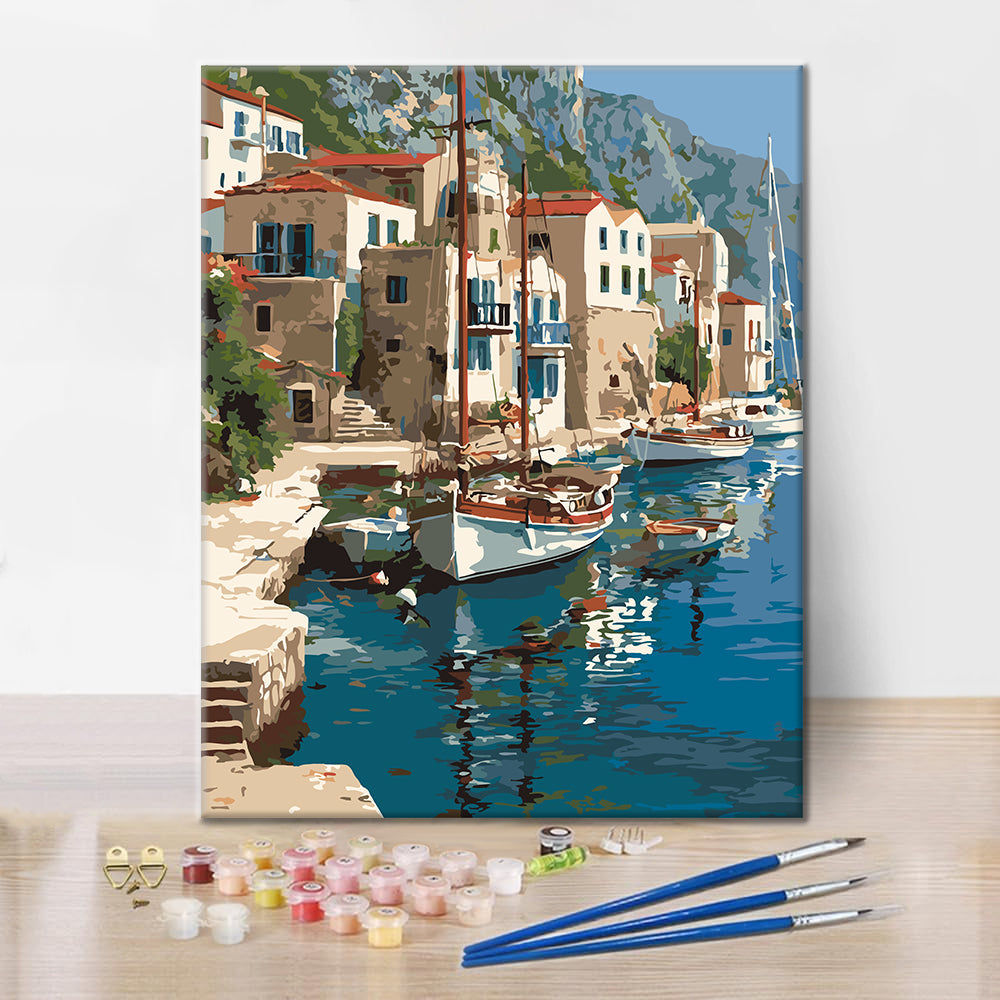 Veleros en un puerto costero – Pintura por números