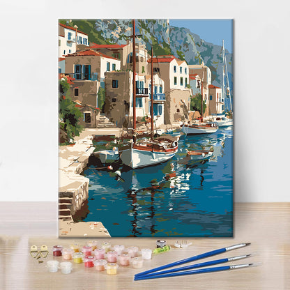 Veleros en un puerto costero – Pintura por números
