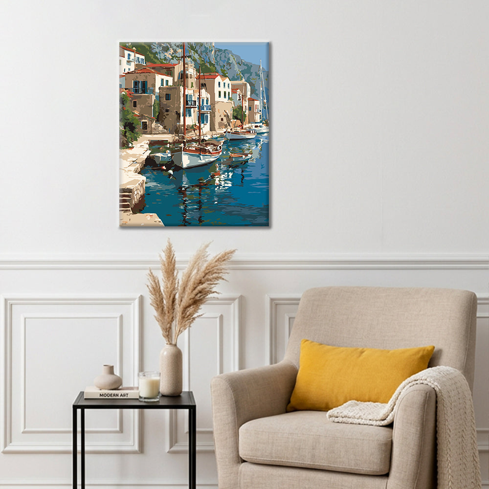 Veleros en un puerto costero – Pintura por números