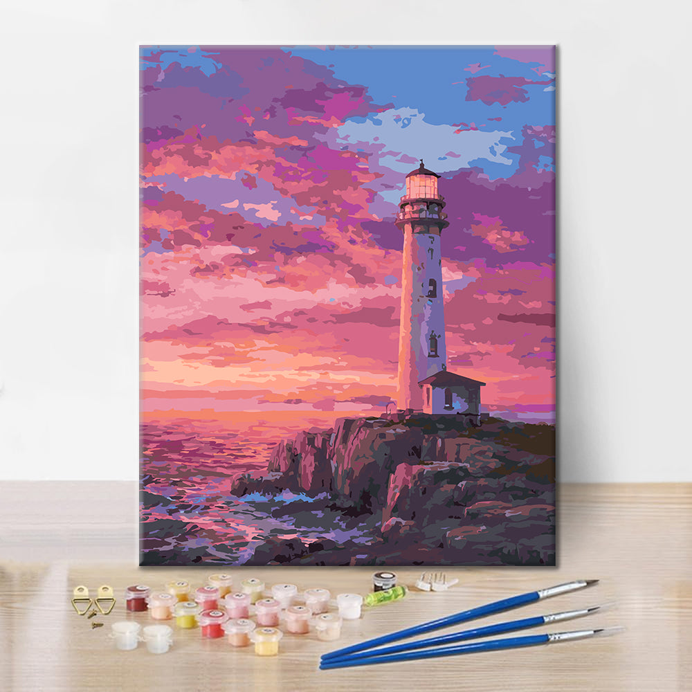 Faro costero al atardecer – Pintura por números