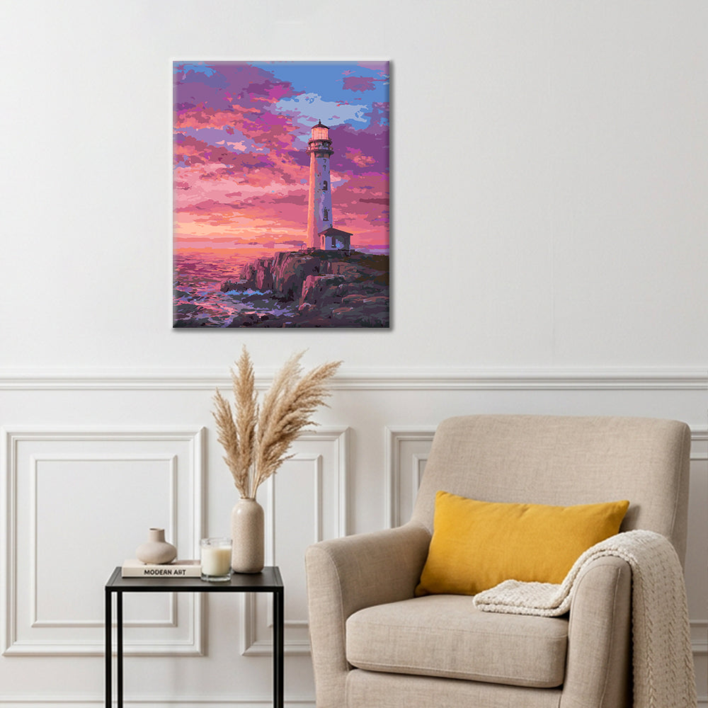 Faro costero al atardecer – Pintura por números