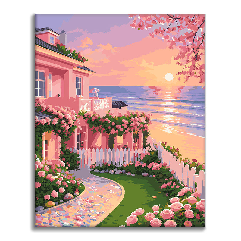 Casa de jardín al atardecer – Pintura por números