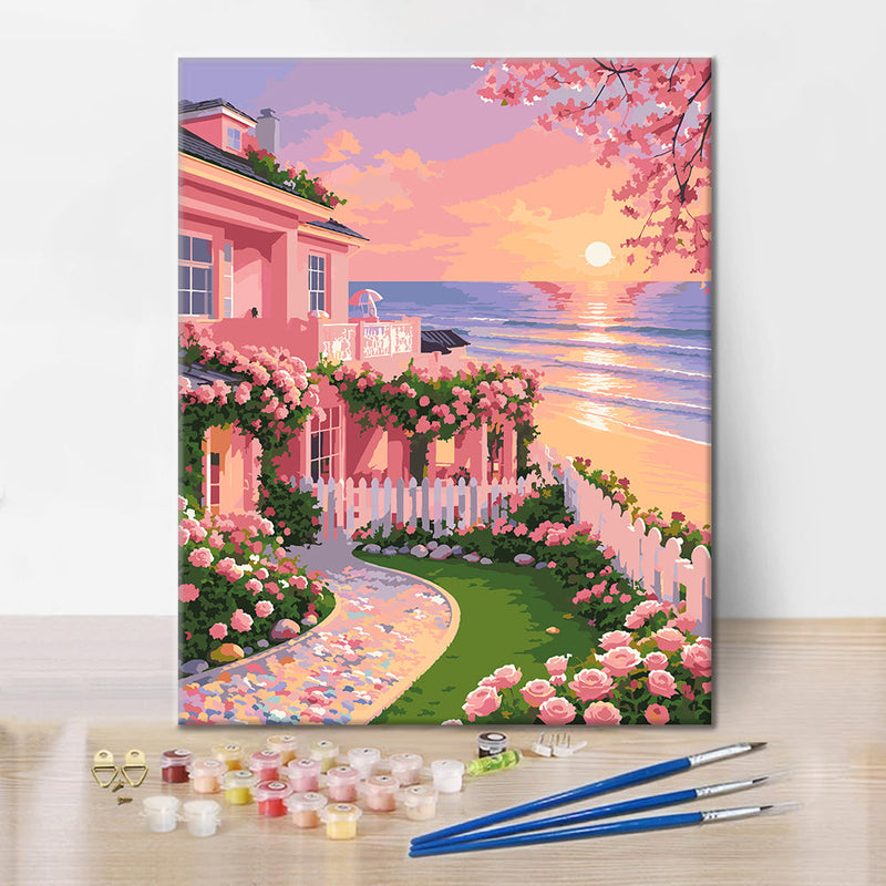Casa de jardín al atardecer – Pintura por números