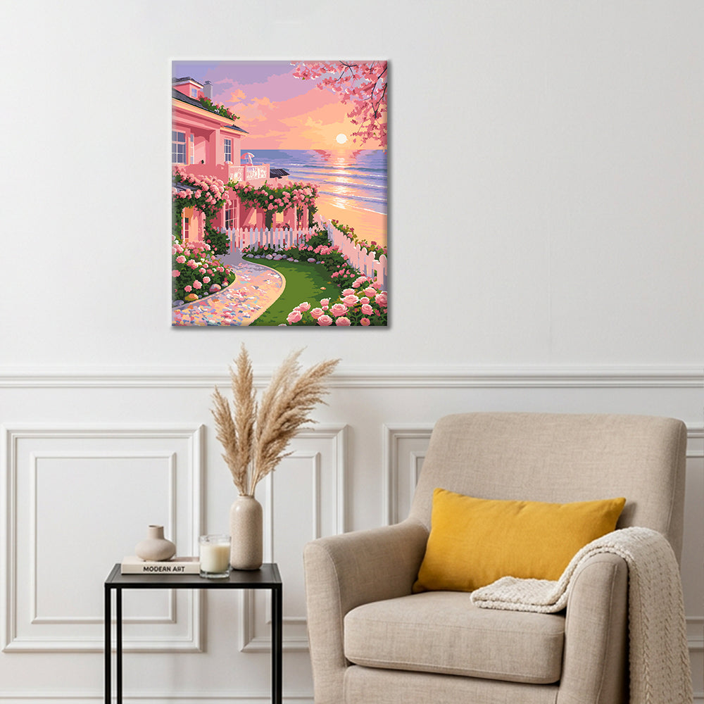 Casa de jardín al atardecer – Pintura por números