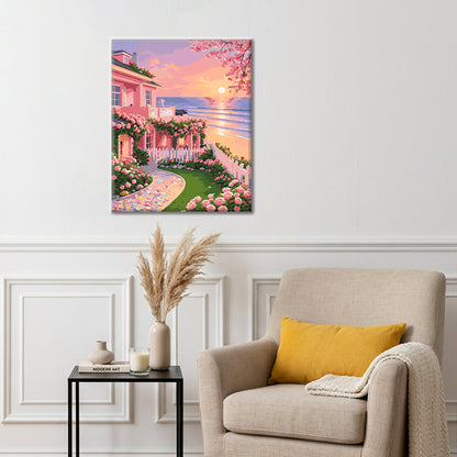 Casa de jardín al atardecer – Pintura por números