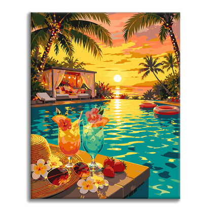 Paraíso junto a la piscina al atardecer – Pintura por números