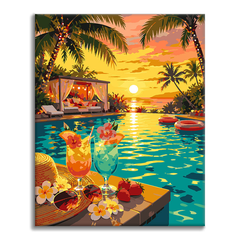 Paraíso junto a la piscina al atardecer – Pintura por números