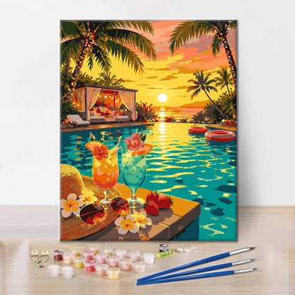 Paraíso junto a la piscina al atardecer – Pintura por números