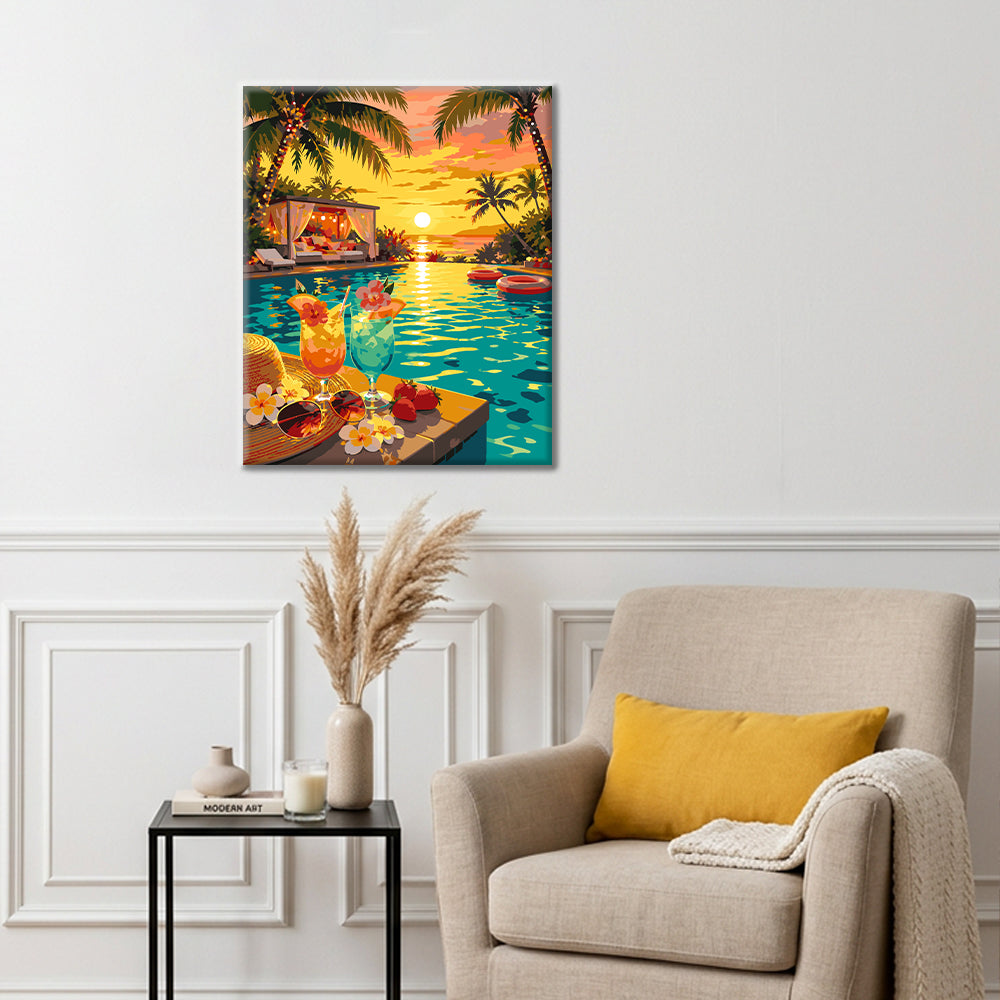 Paraíso junto a la piscina al atardecer – Pintura por números