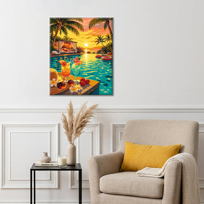 Paraíso junto a la piscina al atardecer – Pintura por números