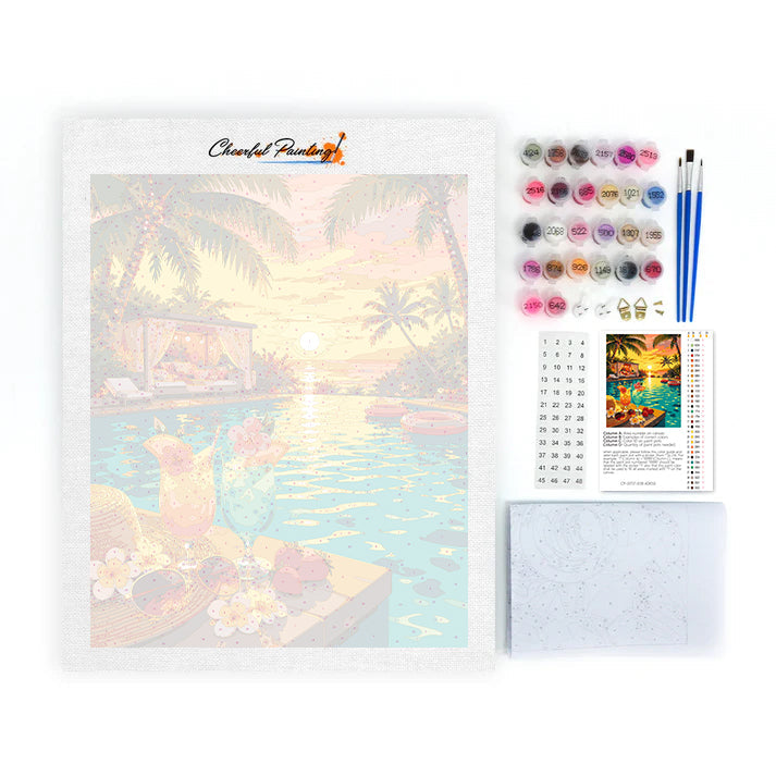 Paraíso junto a la piscina al atardecer – Pintura por números