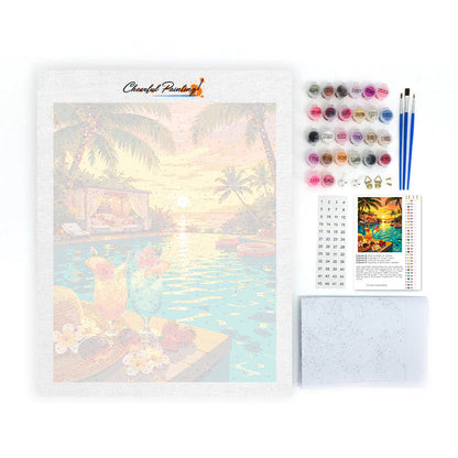 Paraíso junto a la piscina al atardecer – Pintura por números