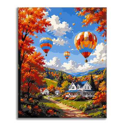 Globos aerostáticos sobre un valle otoñal – Pintura por números
