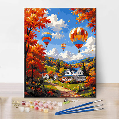 Globos aerostáticos sobre un valle otoñal – Pintura por números
