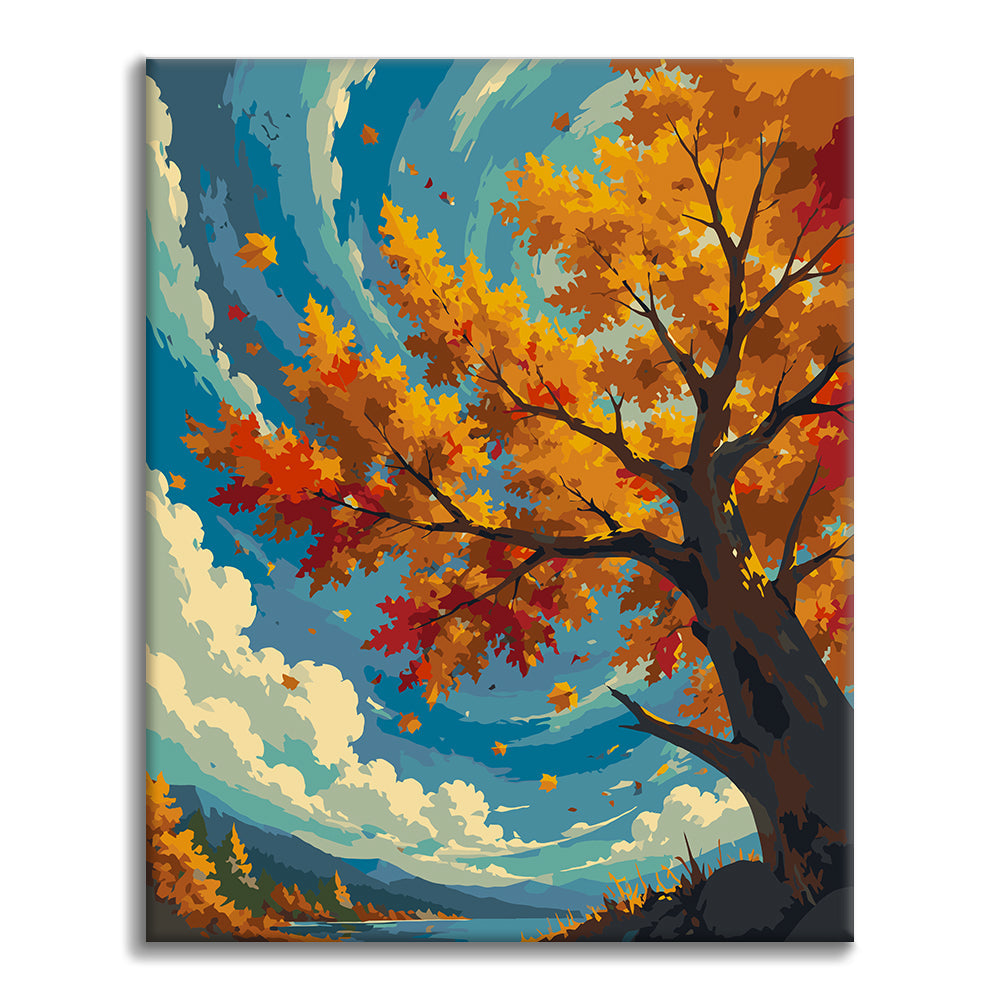 Árbol de otoño bajo un cielo azul – Pintura por números