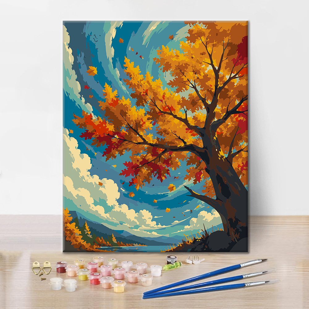 Árbol de otoño bajo un cielo azul – Pintura por números
