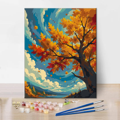 Árbol de otoño bajo un cielo azul – Pintura por números