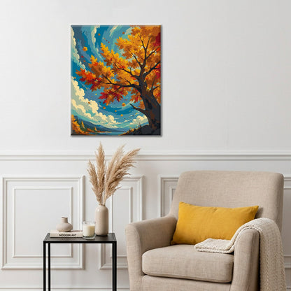 Árbol de otoño bajo un cielo azul – Pintura por números