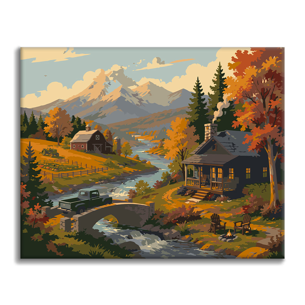 Cabañas de montaña junto a un arroyo – Pintura por números