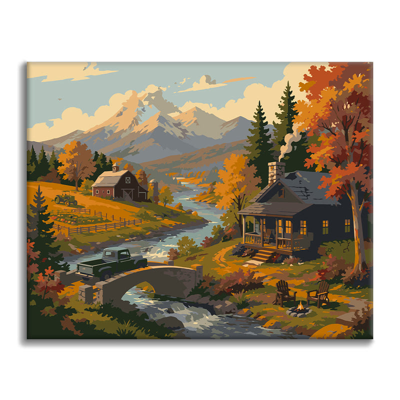 Cabañas de montaña junto a un arroyo – Pintura por números