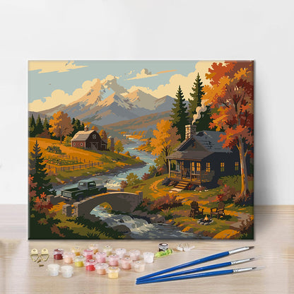 Cabañas de montaña junto a un arroyo – Pintura por números