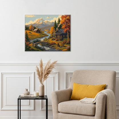 Cabañas de montaña junto a un arroyo – Pintura por números