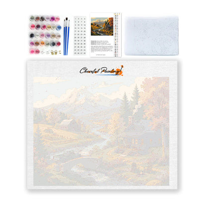 Cabañas de montaña junto a un arroyo – Pintura por números