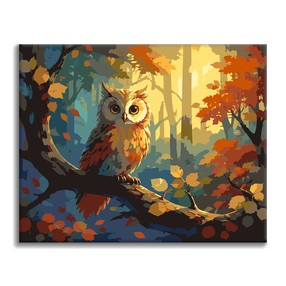 Búho en un bosque de otoño – Pintura por números