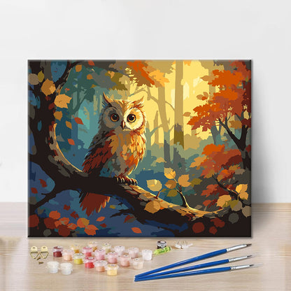 Búho en un bosque de otoño – Pintura por números