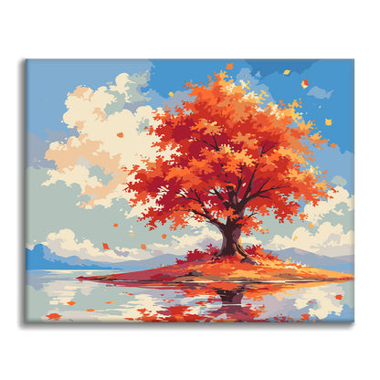 Árbol de otoño solitario junto al agua – Pintura por números