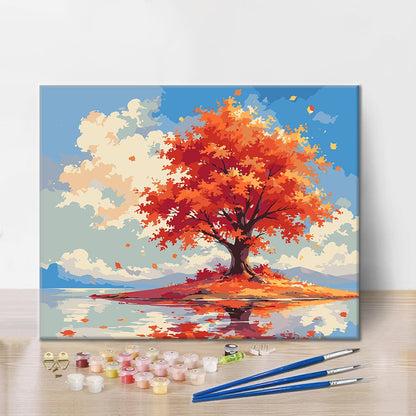 Árbol de otoño solitario junto al agua – Pintura por números
