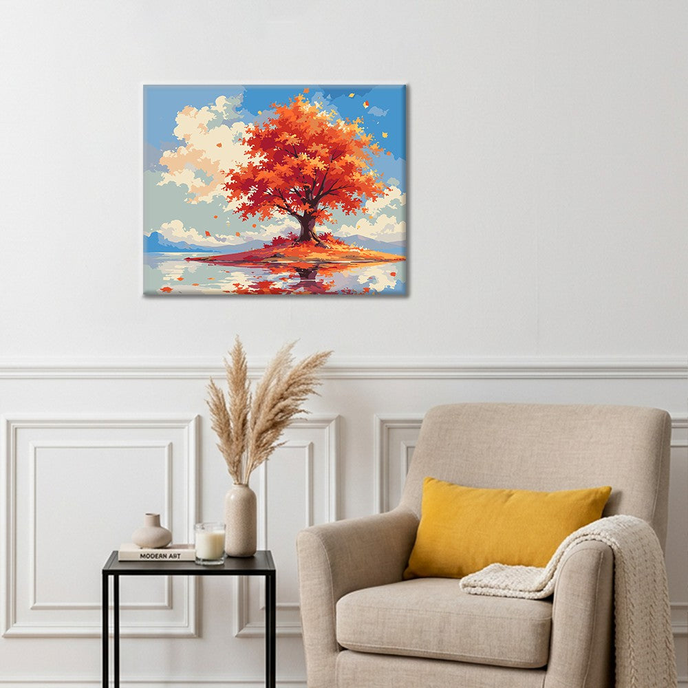 Árbol de otoño solitario junto al agua – Pintura por números