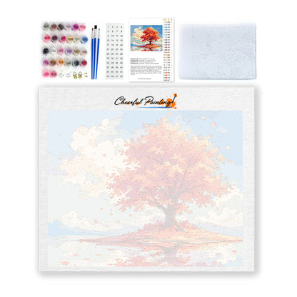 Árbol de otoño solitario junto al agua – Pintura por números