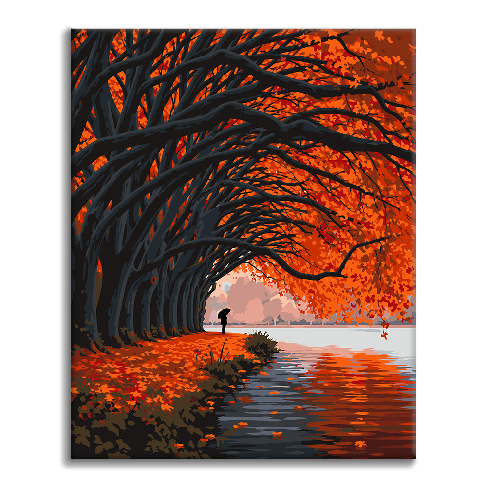 Túnel de árboles de otoño junto al lago – Pintura por números