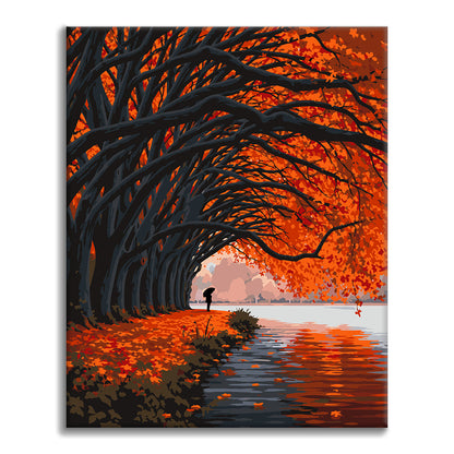 Túnel de árboles de otoño junto al lago – Pintura por números