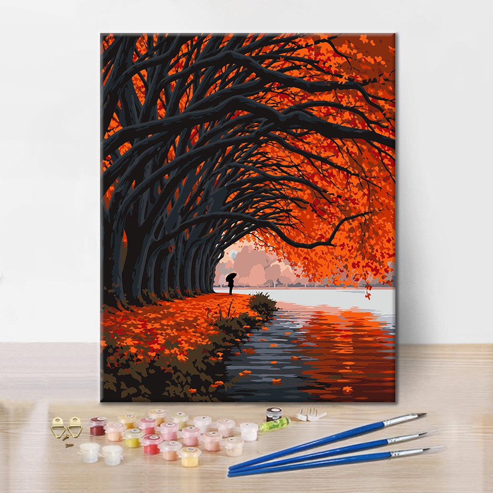 Túnel de árboles de otoño junto al lago – Pintura por números