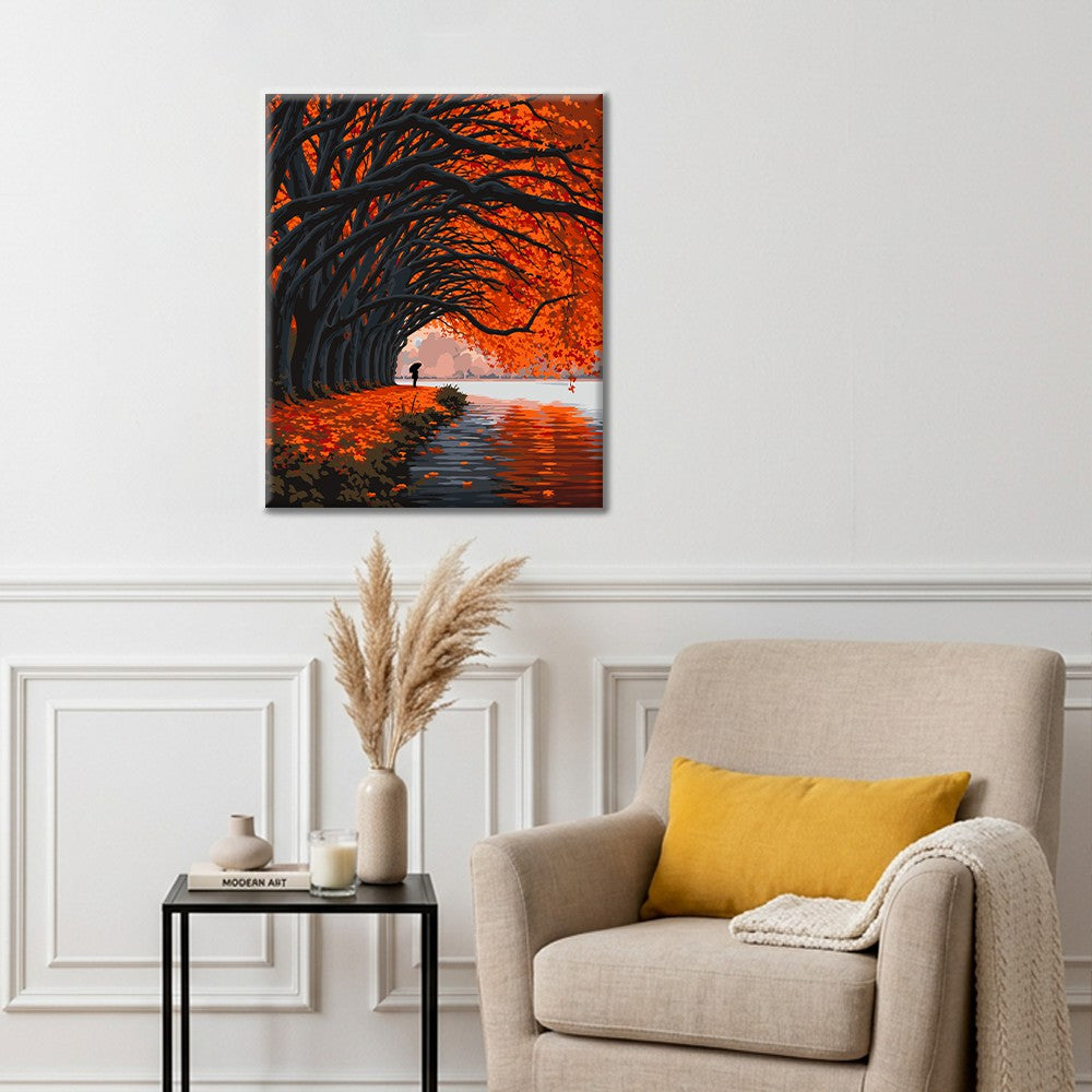 Túnel de árboles de otoño junto al lago – Pintura por números