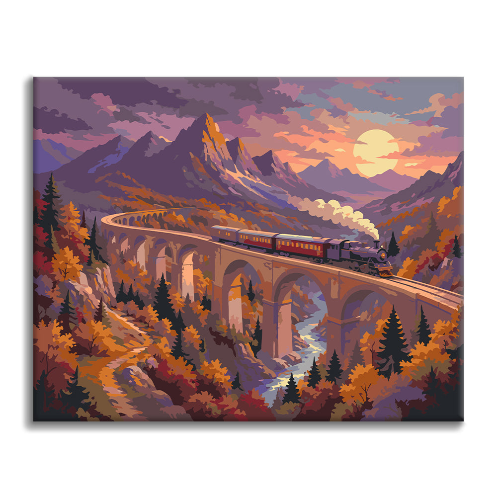 Tren de vapor a través del viaducto de montaña – Pintura por números
