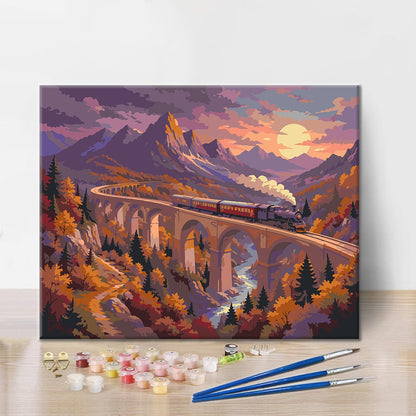 Tren de vapor a través del viaducto de montaña – Pintura por números