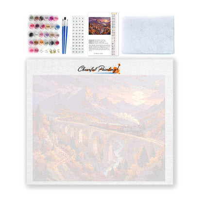 Tren de vapor a través del viaducto de montaña – Pintura por números