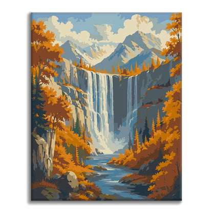 Cascada en las montañas de otoño – Pintura por números