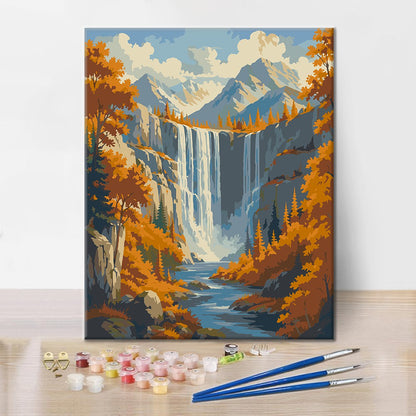 Cascada en las montañas de otoño – Pintura por números